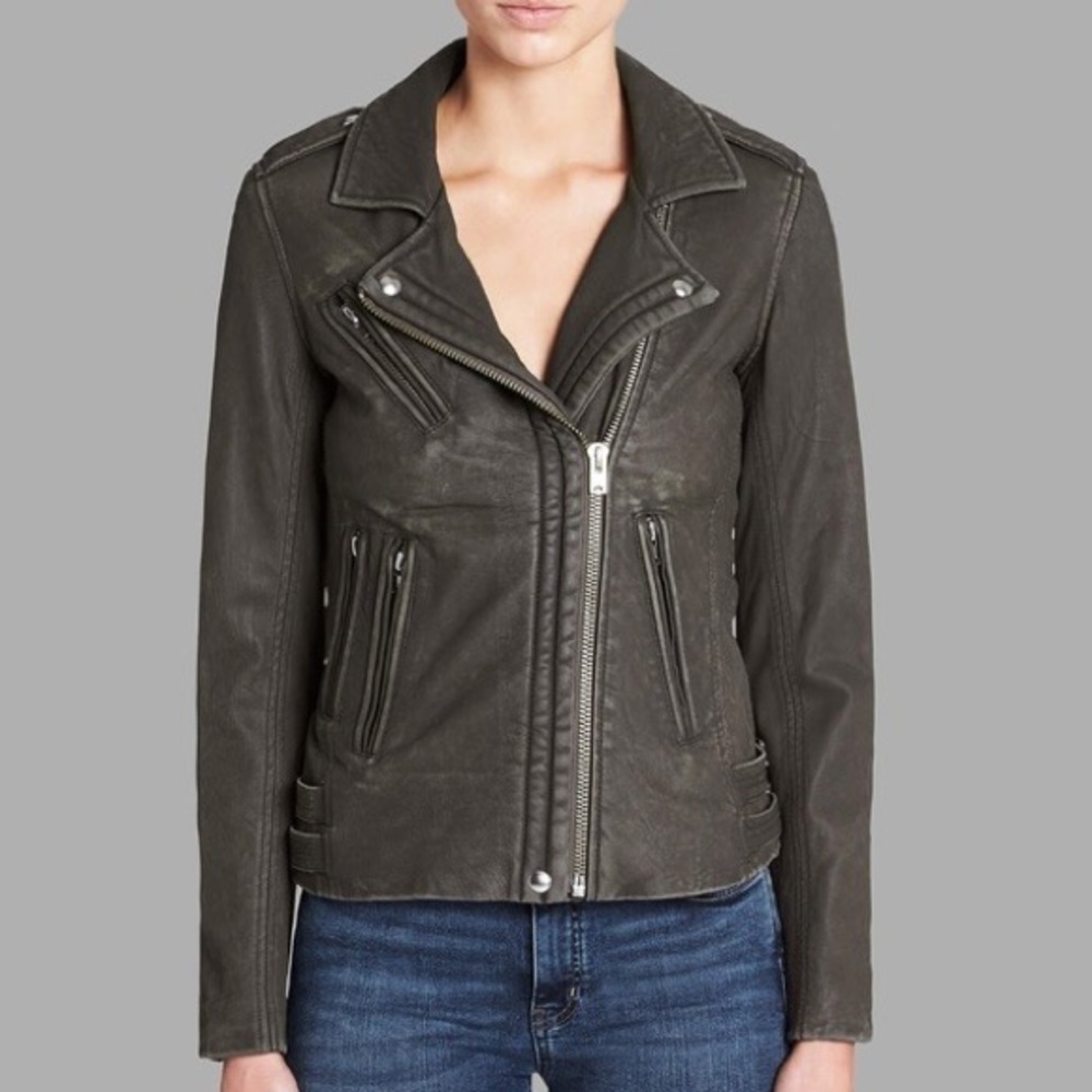 IRO Women's Dark Olive Green Leather Moto Jacket